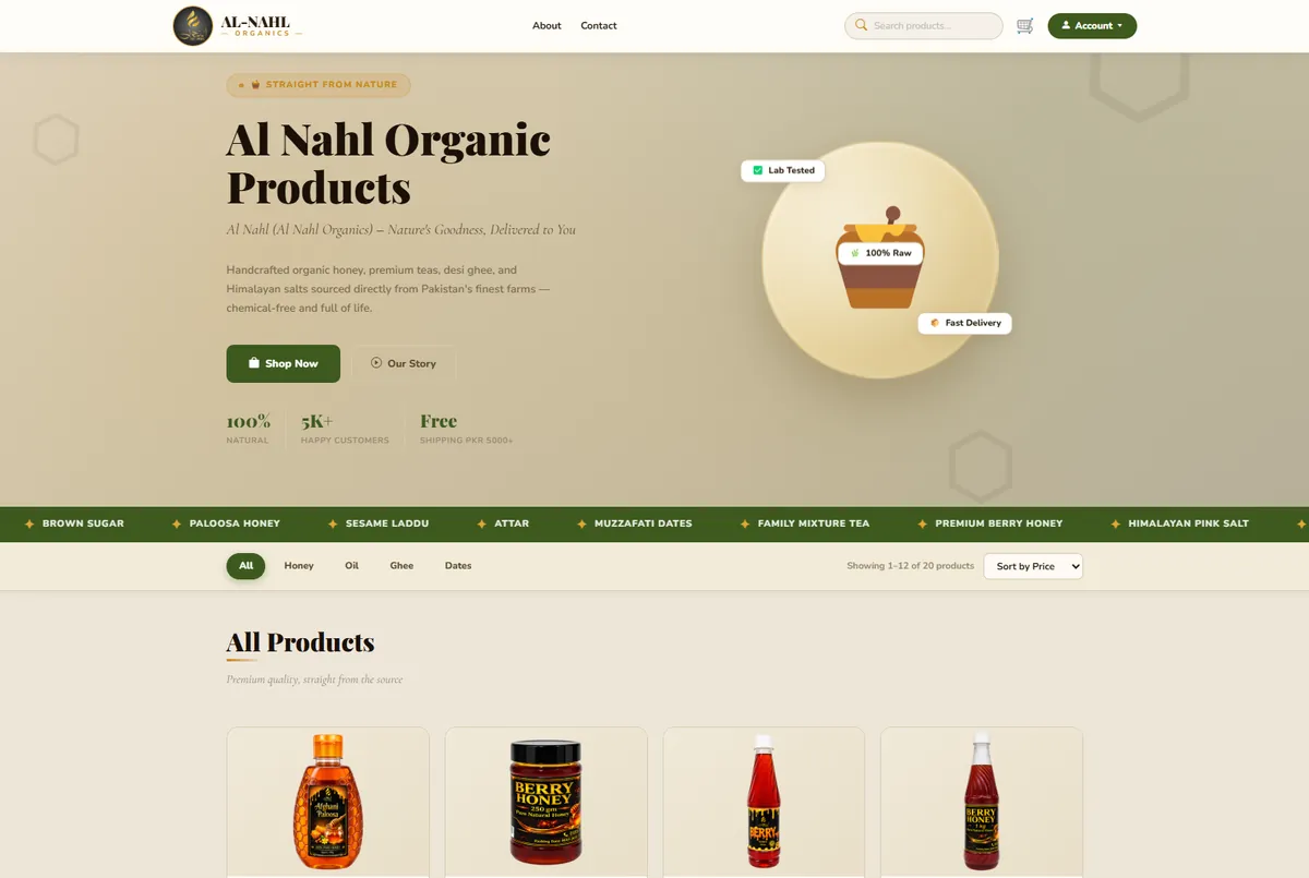 Al Nahl Organics website homepage preview